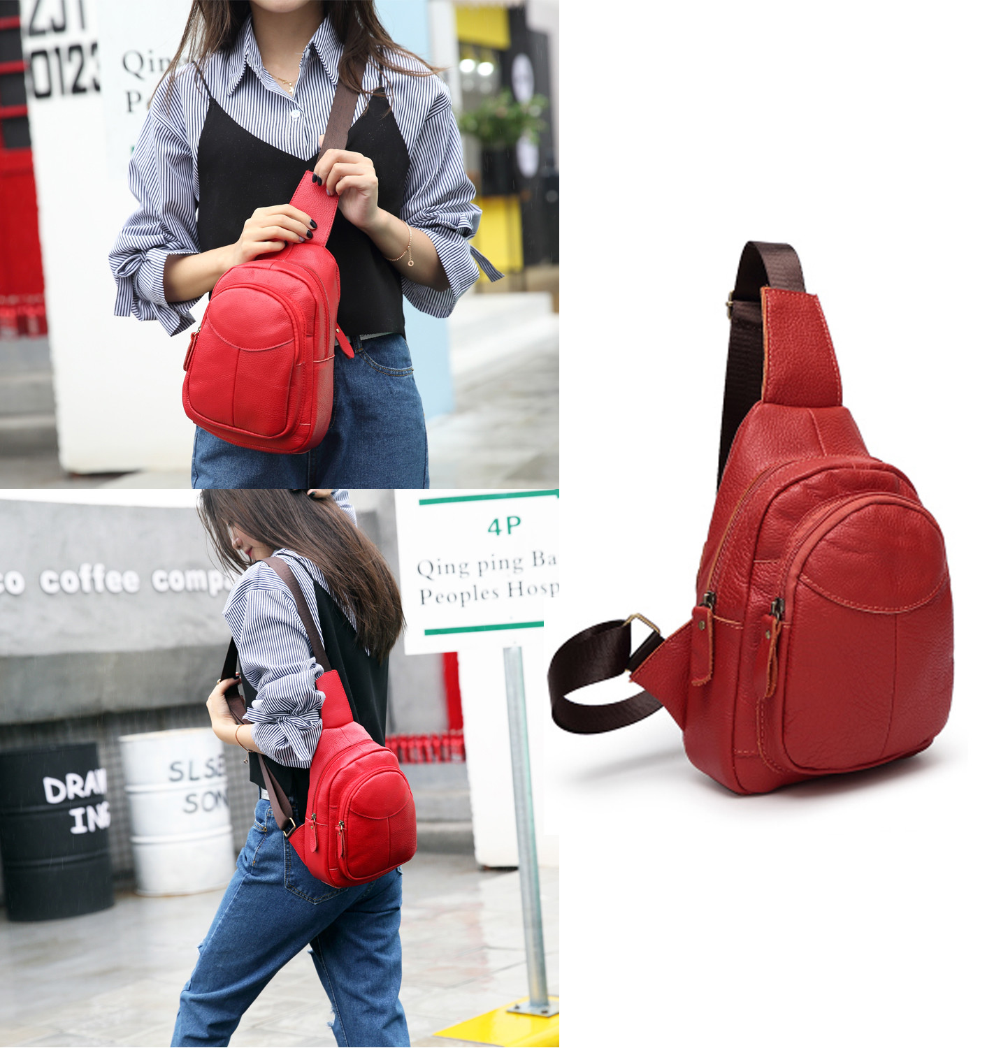 Womens Men Genuine Leather Sling Bags Chest Shoulder Crossbody Bag Pack Backpack