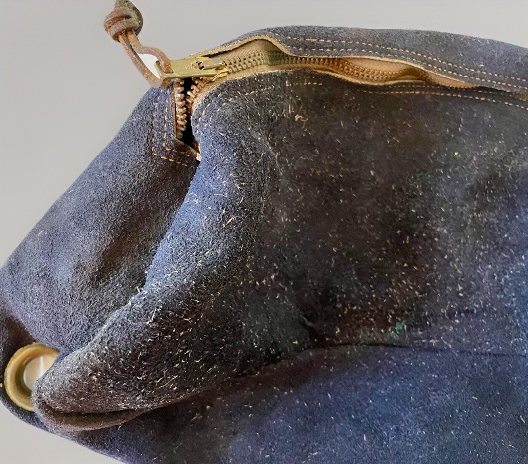 Vintage SUEDE Zippered Gear Bag Brass Zipper Distressed Western Navy 18×8” USA