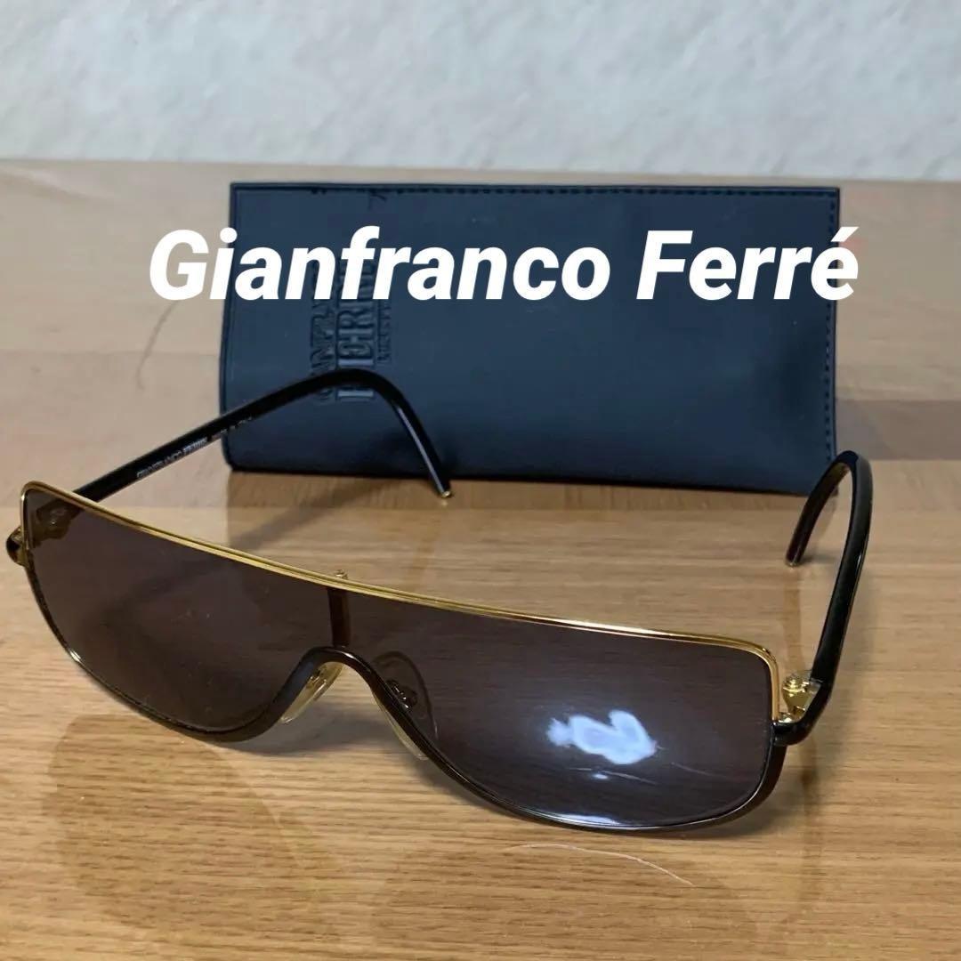Gianfranco Ferré Vintage Shield Sunglasses 1990s Gold Black Frame Soft case