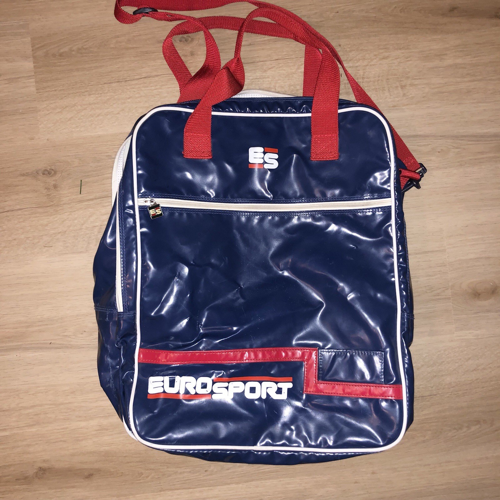 Euro Sport Olympic Blue & Red White Duffle Duffel Gym Bag Backpack Vintage