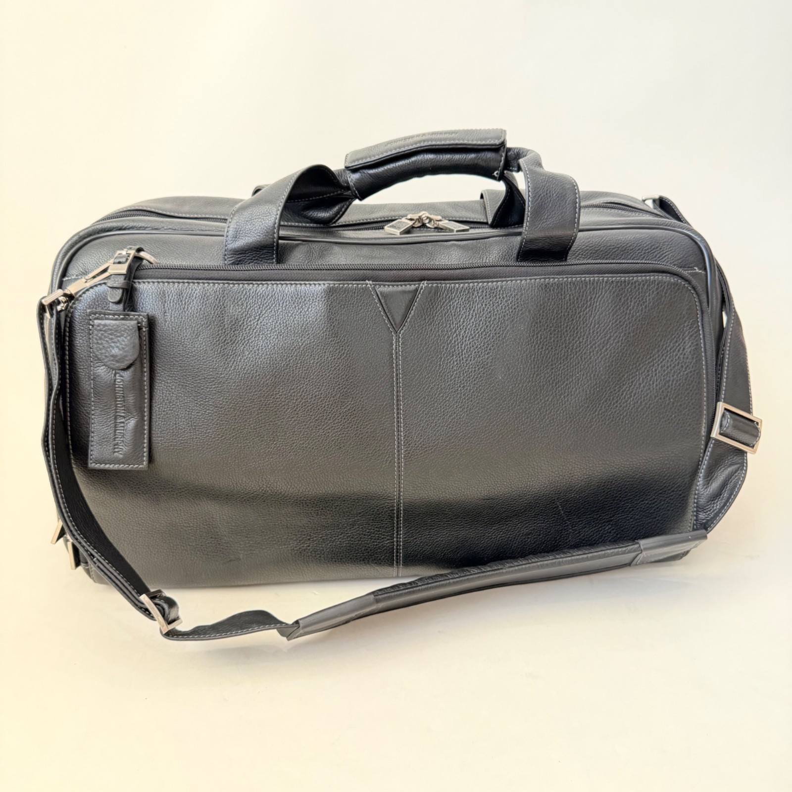 Johnston & Murphy Black Leather Duffel Bag Weekender Travel Carry-On Cabin Bag