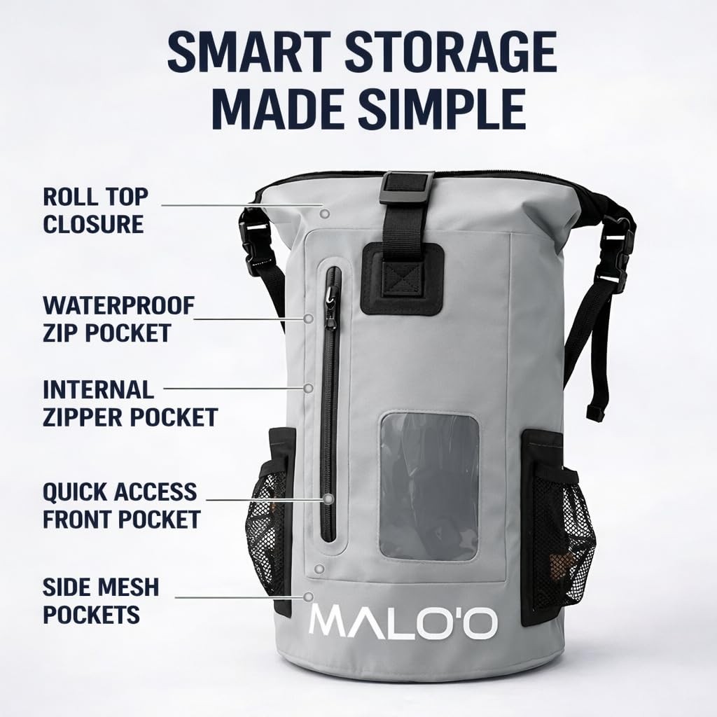Malo’o 30L Waterproof Dry Bag Backpack – Roll Top Heavy Duty 500D PVC Dry Pac…