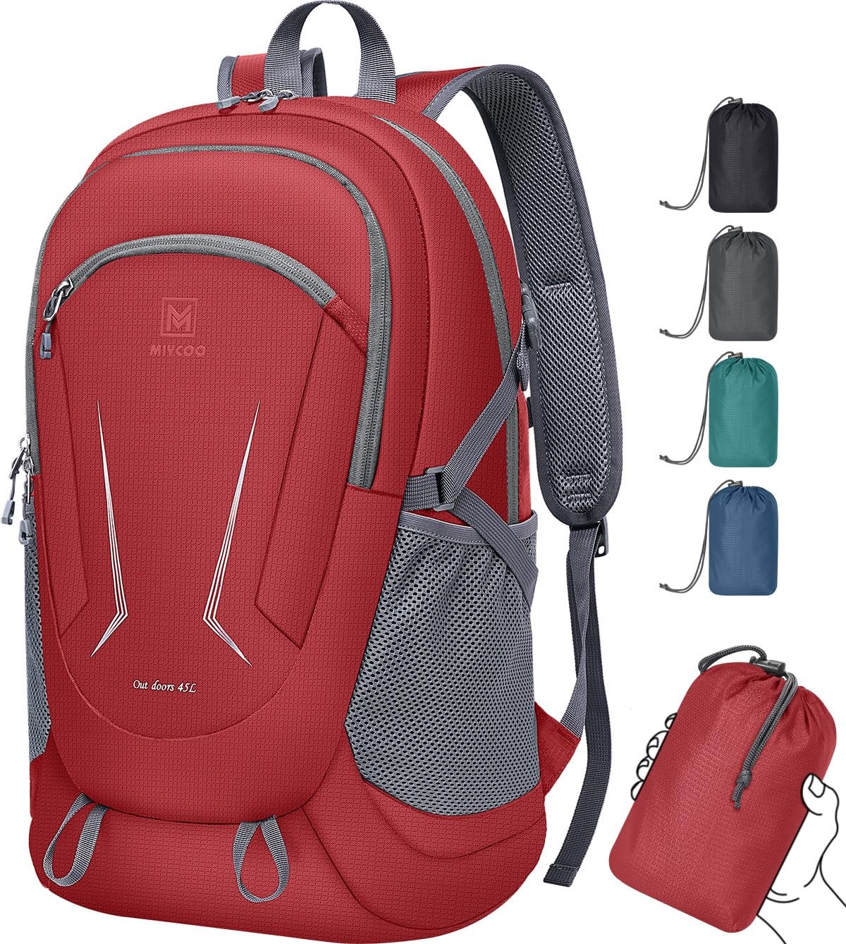 Backpack Ultra Lightweight Packable 45L Hiking Red, Waterproof Foldable Daypack