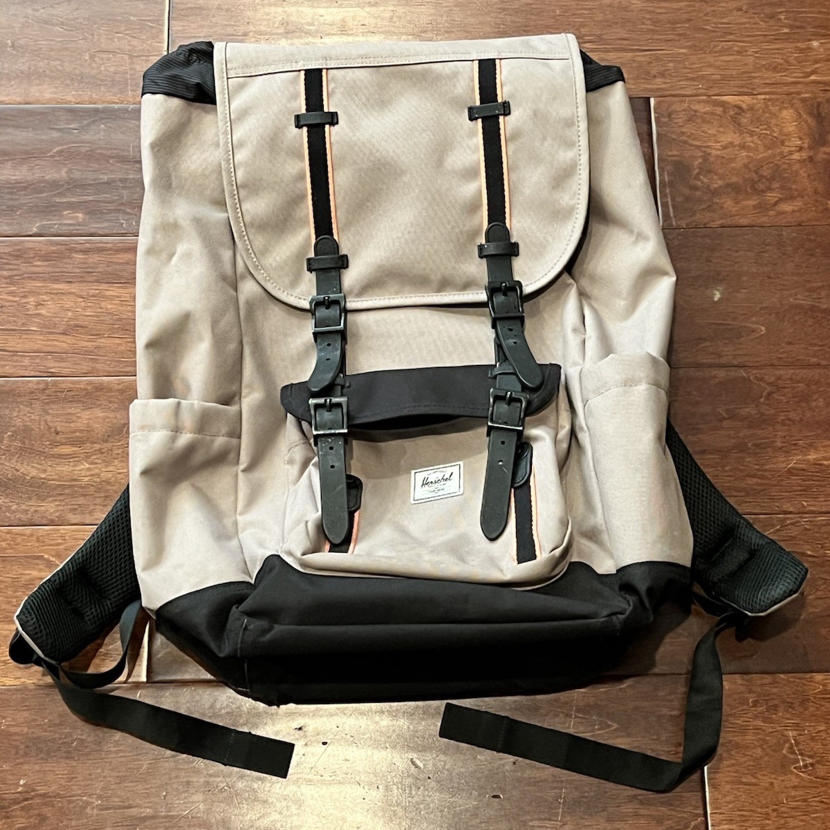 Herschel Little America Beige Black 20 x 11 Multi Pocket Snap Button Backpack