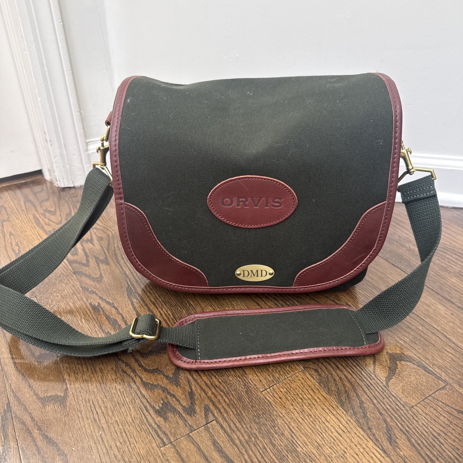 Orvis Leather Canvas Green Briefcase Messenger Shoulder Bag Satchel
