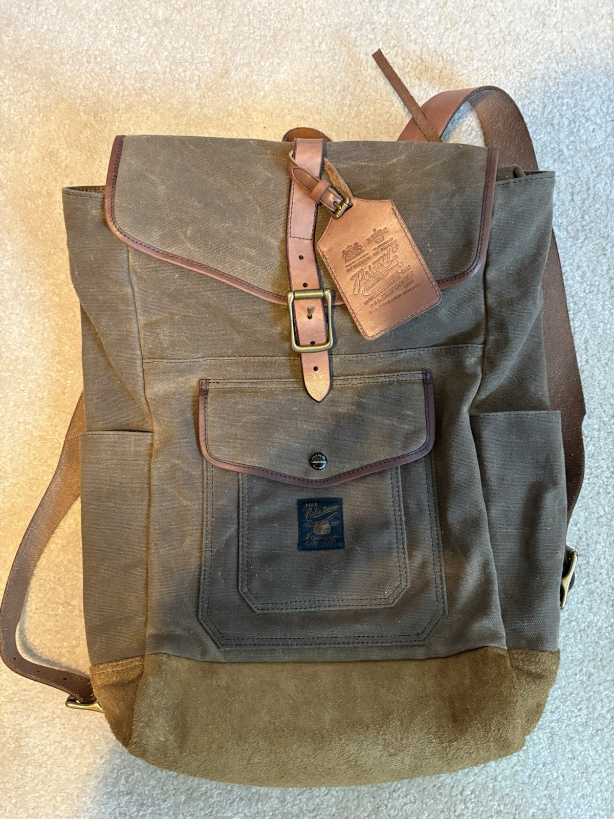 Rare Polo Ralph Lauren Green Waxed Cotton And Leather Backpack