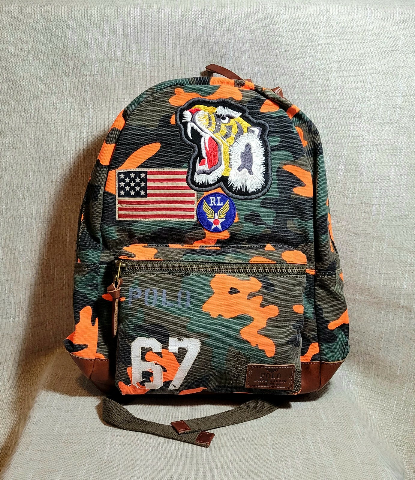 POLO Ralph Lauren ’67 Backpack Men’s Orange Camo Tiger USA Flag Patch Canvas