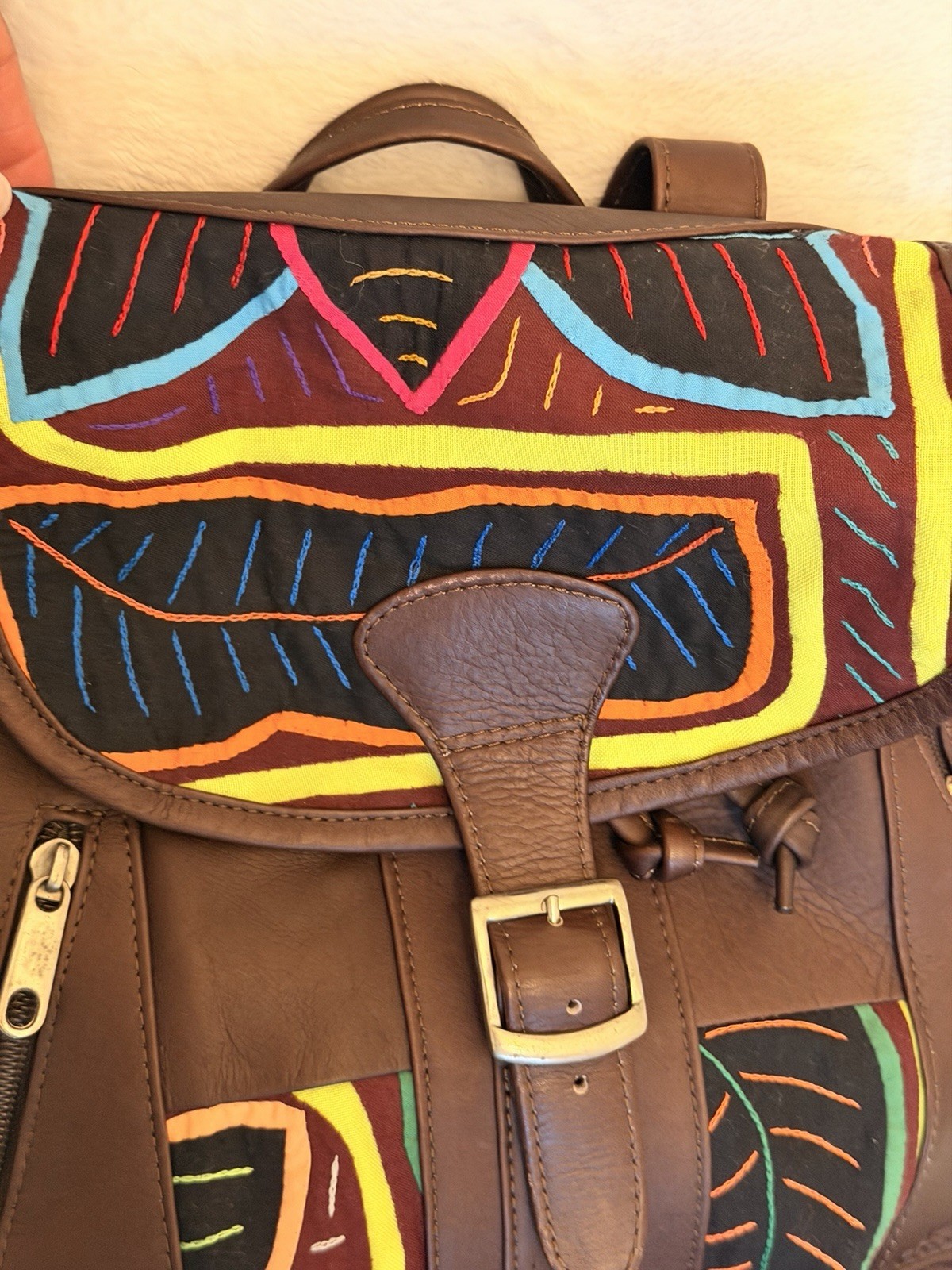 Authentic Colombian Leather Mola Backpack Artisan Handcrafted Geometric Boho Bag