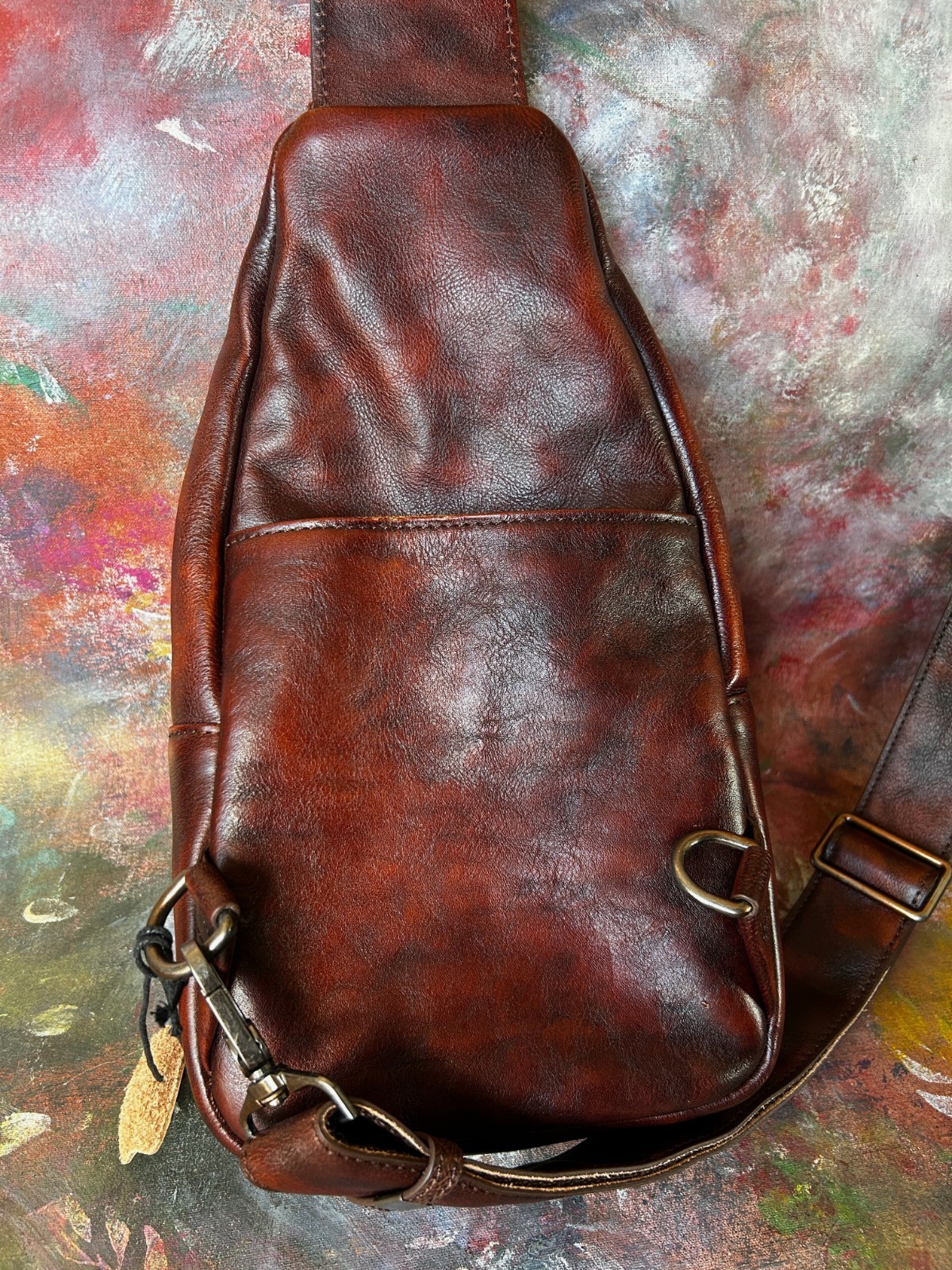 Reddish Brown Leather Sling Bag, Multi-Compartment, Medium Size, Unbranded