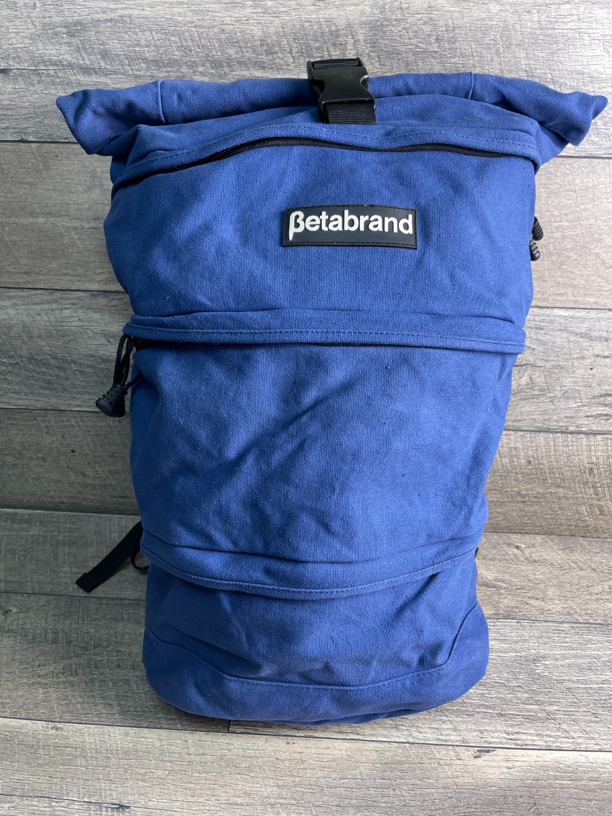 Betabrand Cornucopia Backpack Roll Top Blue Canvas Inner Pockets Sleeve Shoulder
