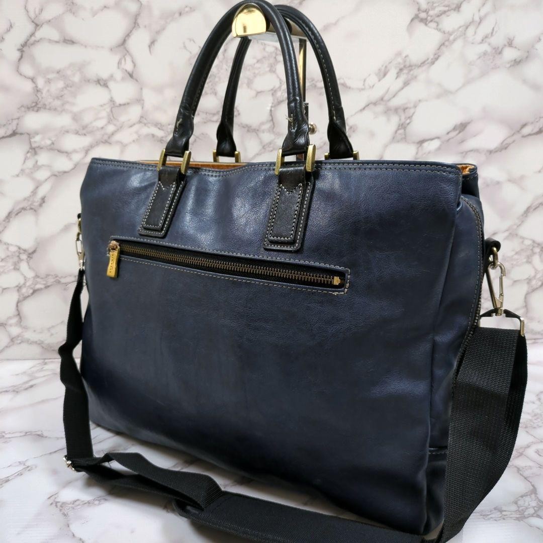 EVERWIN 2Way Leather Briefcase Shoulder Bag Navy 3 Compartment Made in Japan