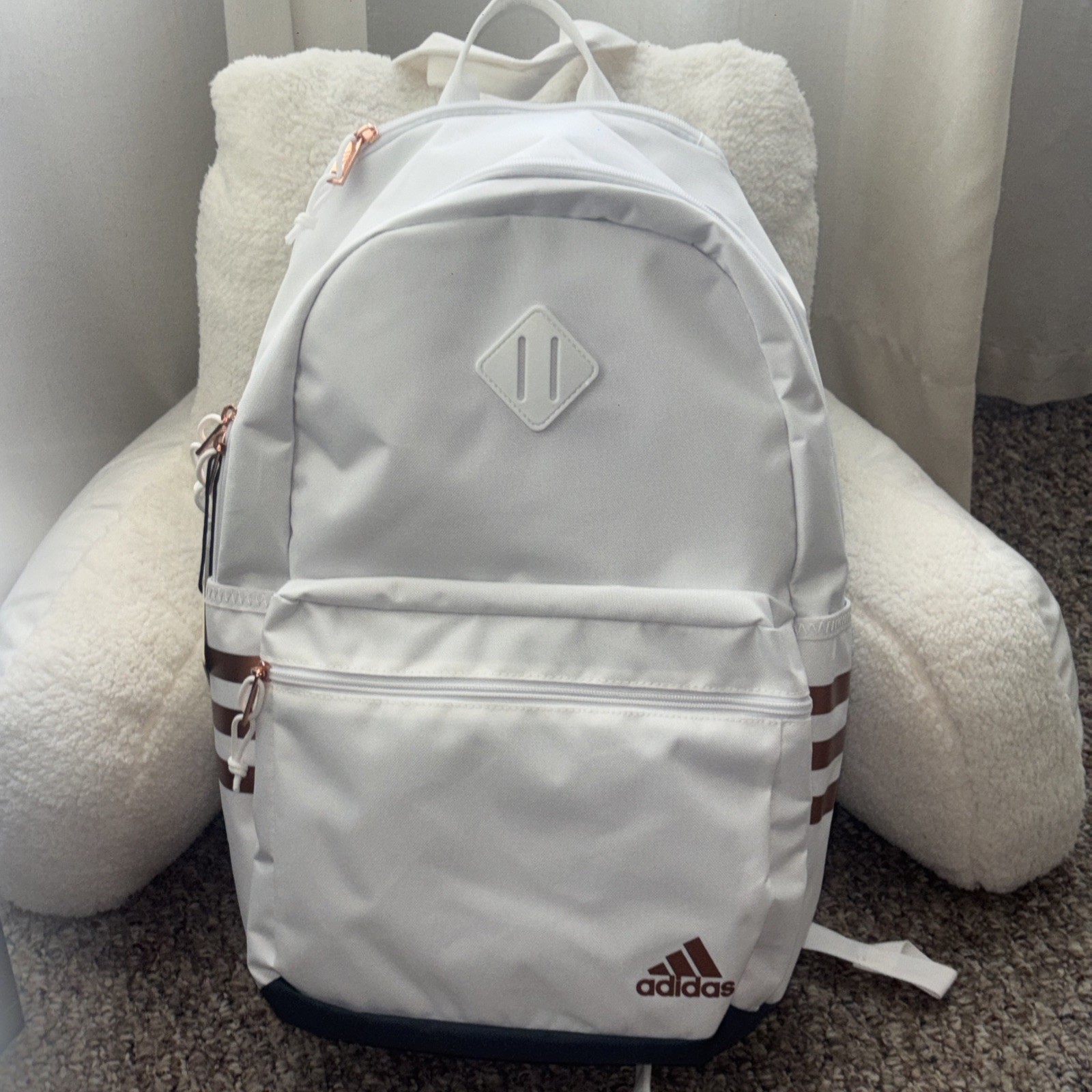 Adidas 3S 5 White/Rose Gold Logo Original Book Bag Backpack 16” Laptop Sleeve
