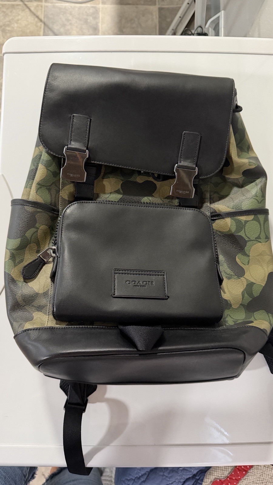 Coach Camouflage Backpack Green/Black Drawstring Zip Buckle, Adjustable Strap