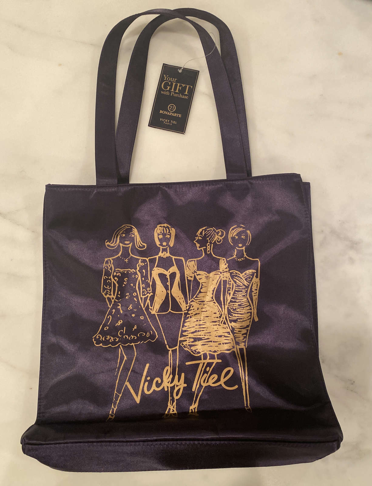 Vicky Tiel 21 Bonaparte Parfum Vinyl Tote Bag Navy Satin Feel Striped Lining 13”