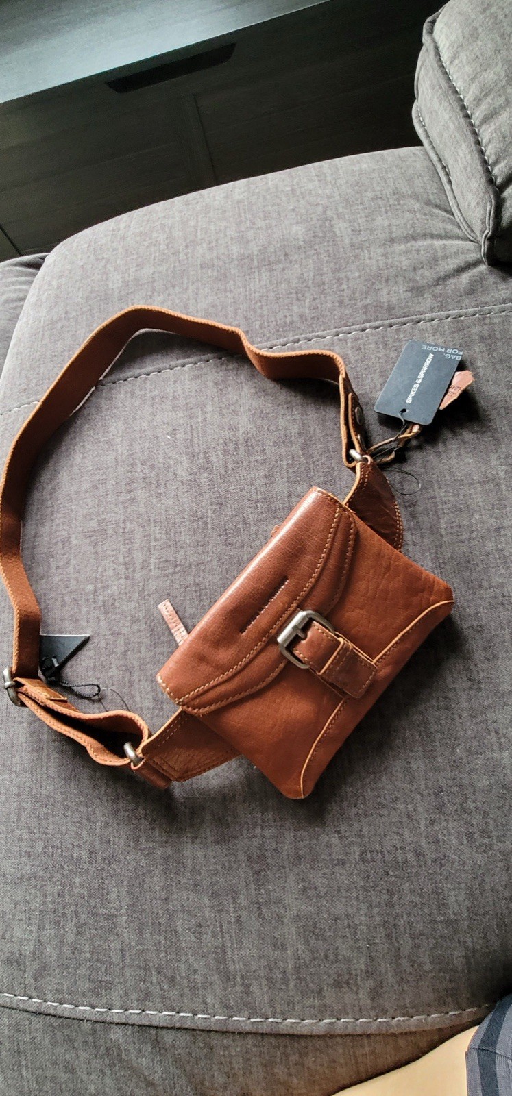 Spikes & Sparrow Brown Small Crossbody Bag Zip & Buckle, Adjustable Strap