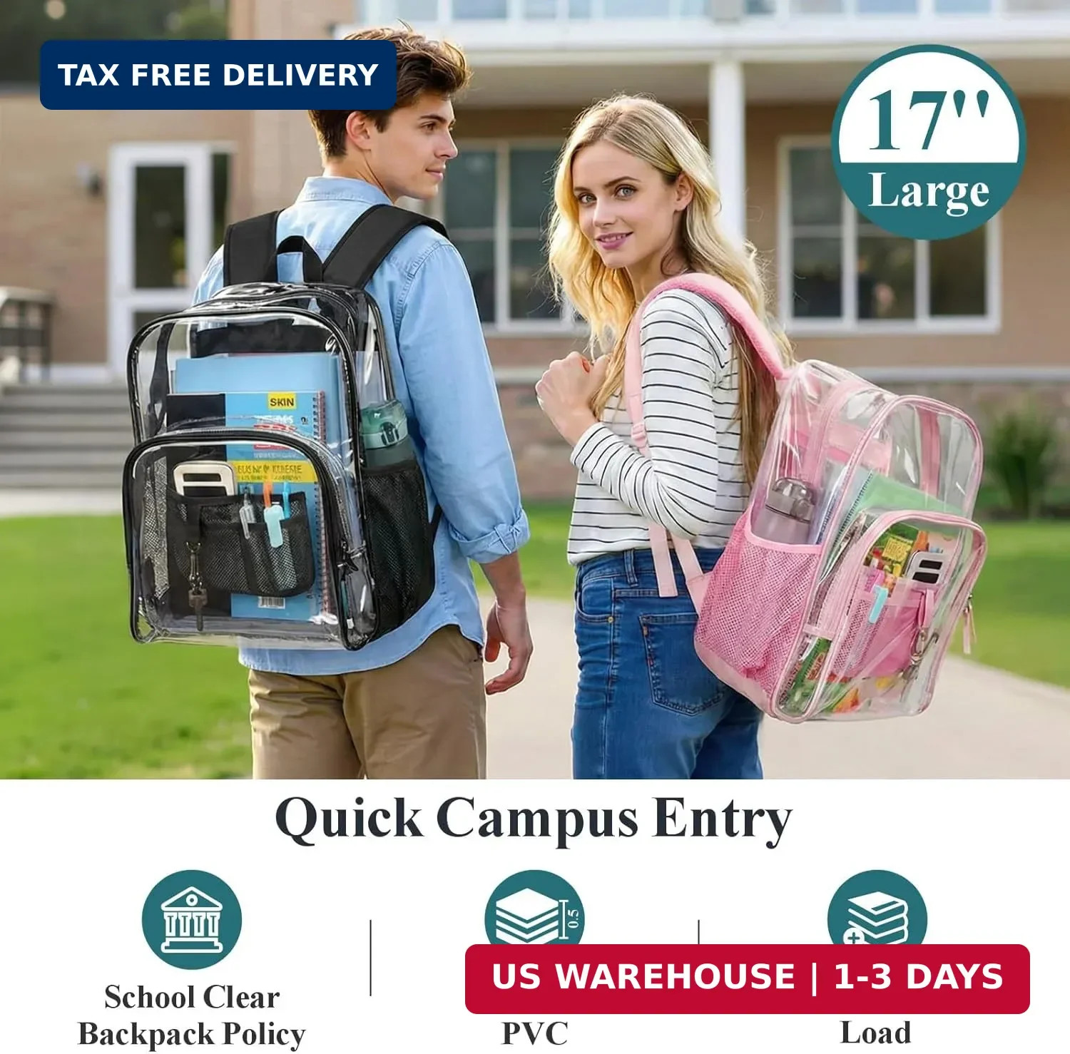 PACKISM Clear Backpack – 17 inch Heavy Duty Clear Backpacks for School, Large Tr