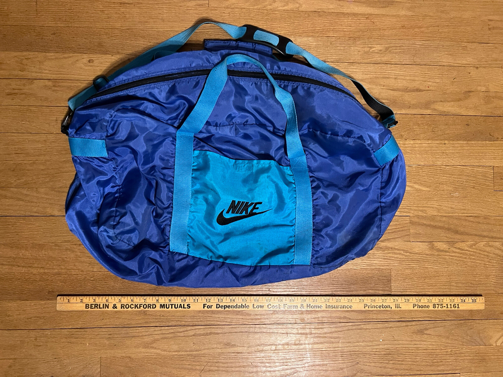 Vintage Big Double Zipper Purple Teal Nike Gym Duffle Bag Pack Gray Label 1980s
