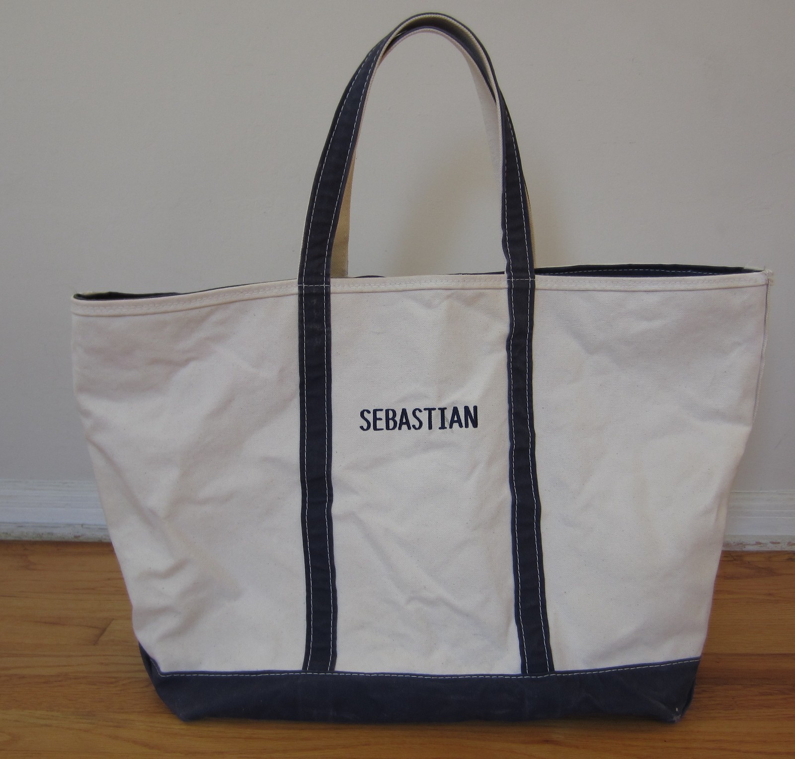 Vintage LL Bean Boat & Tote Canvas Bag White Navy Blue Handles Zip X Large