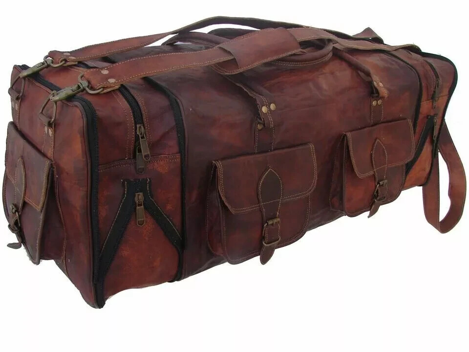 30″ Vintage Leather Duffel Bag Large Travel Gym Bag With Pockets Brown