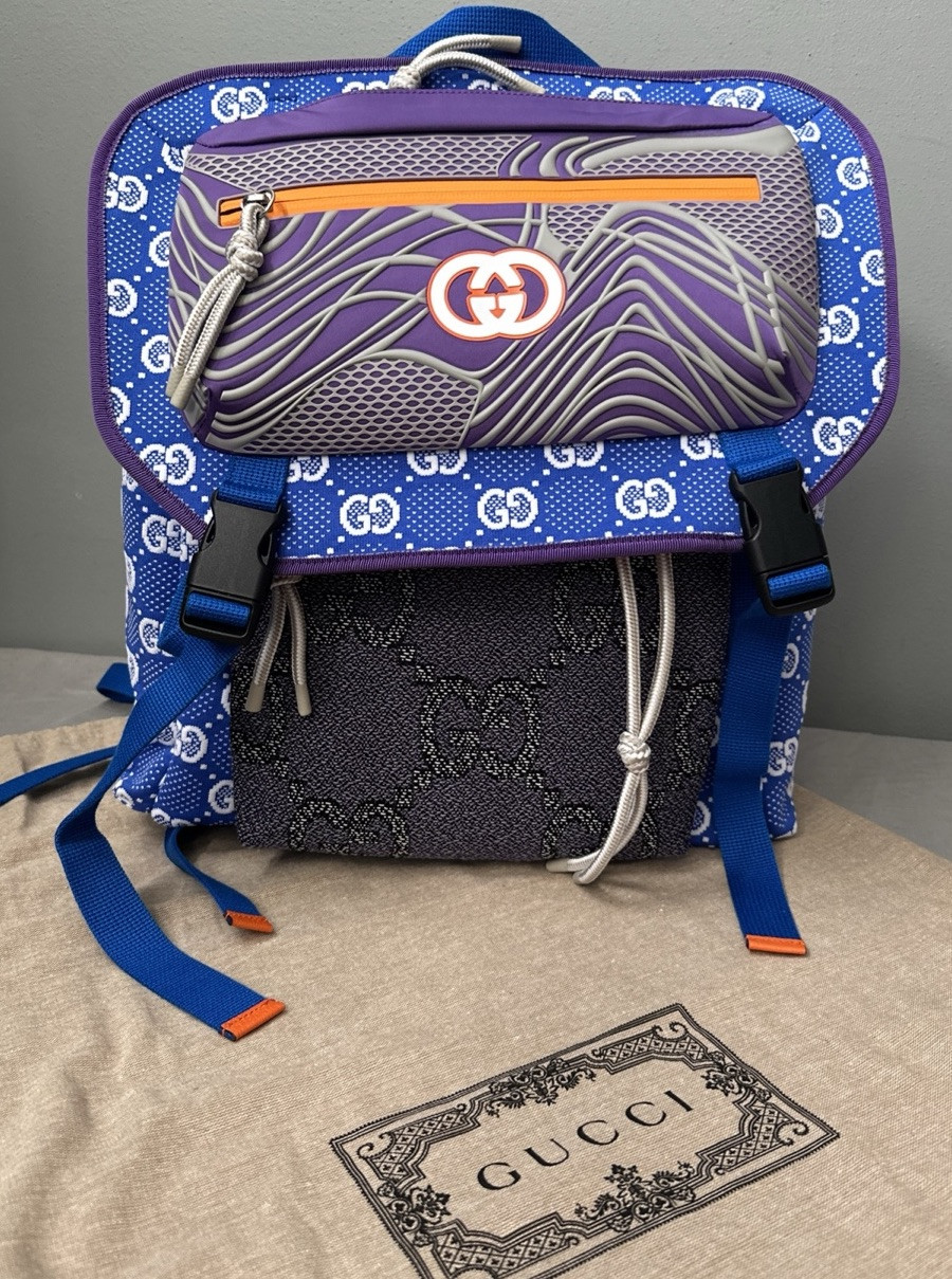 Gucci GG Allover Jersey Backpack w/ Detachable Front Panel Blue/Purple Authentic
