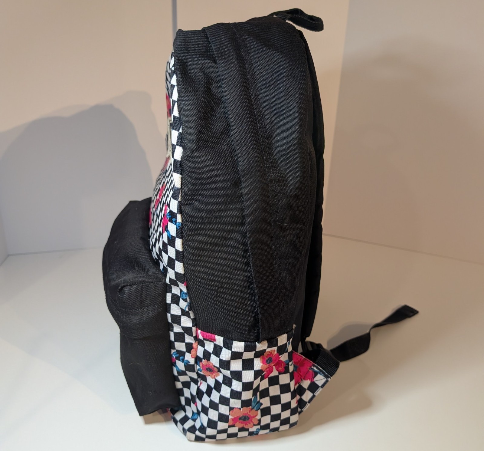 Vans Off The Wall Backpack Black White Checkered Floral with Pink Roses, Daypack