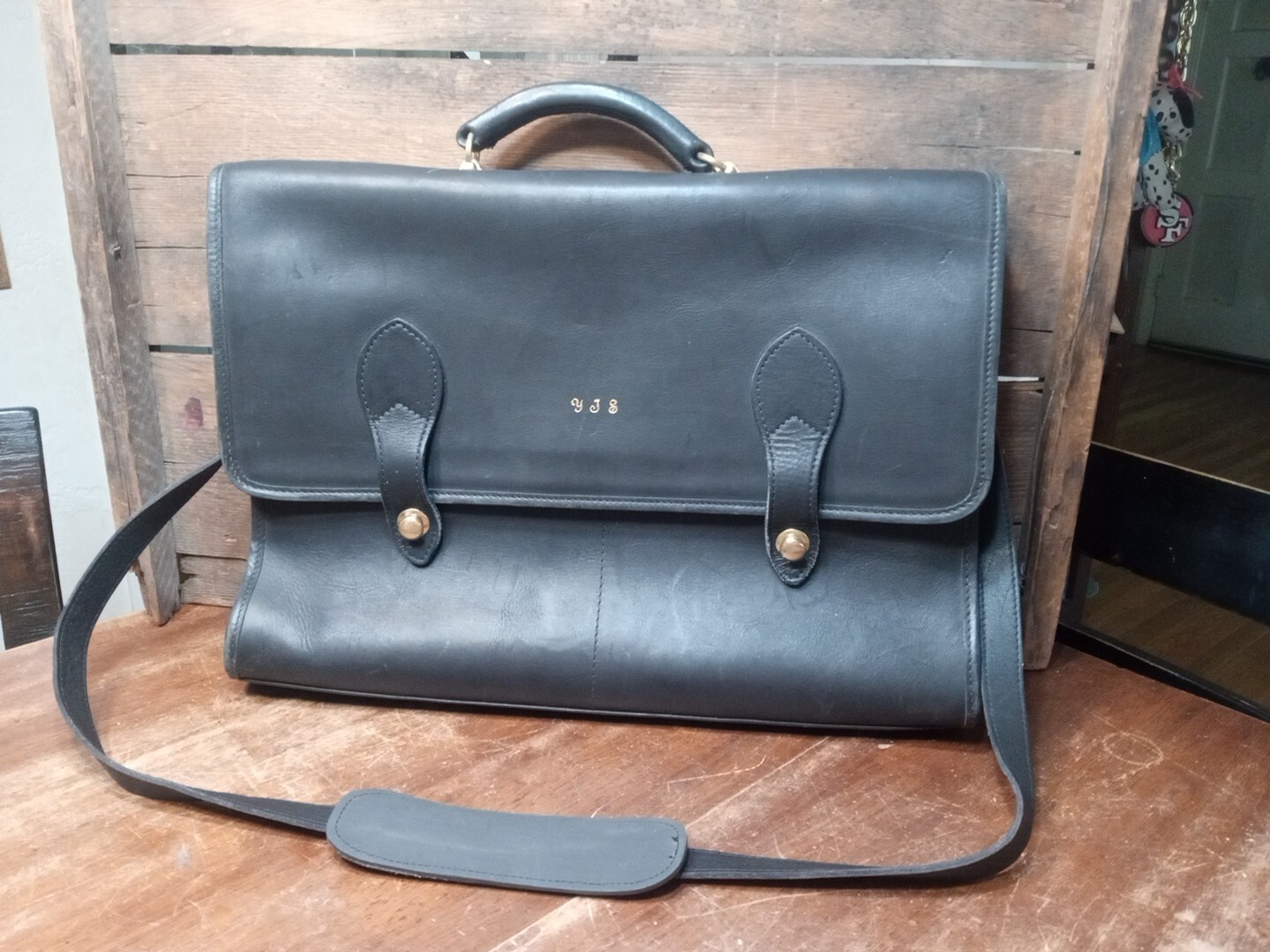 SCHLESINGER Heavy Black Leather Briefcase / Messenger Bag Made in USA