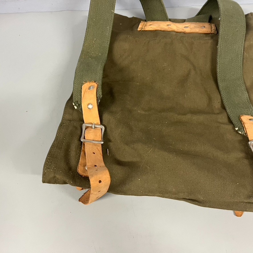 VTG Canvas Leather Rucksack Backpack Army Green Olive Drab Outdoor Travel