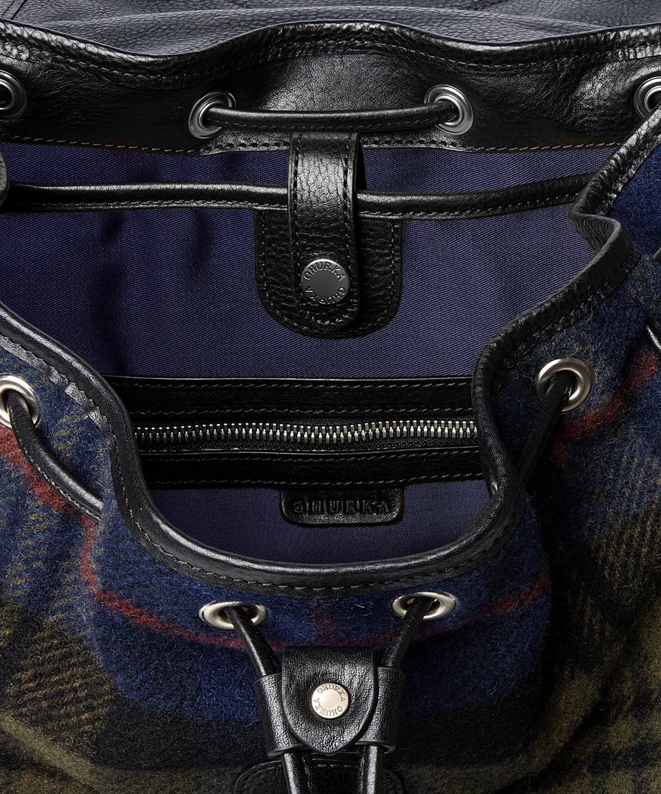 Men’s Ghurka Navy Plaid Wool Black Leather Blazer No. 278 Backpack New $1495