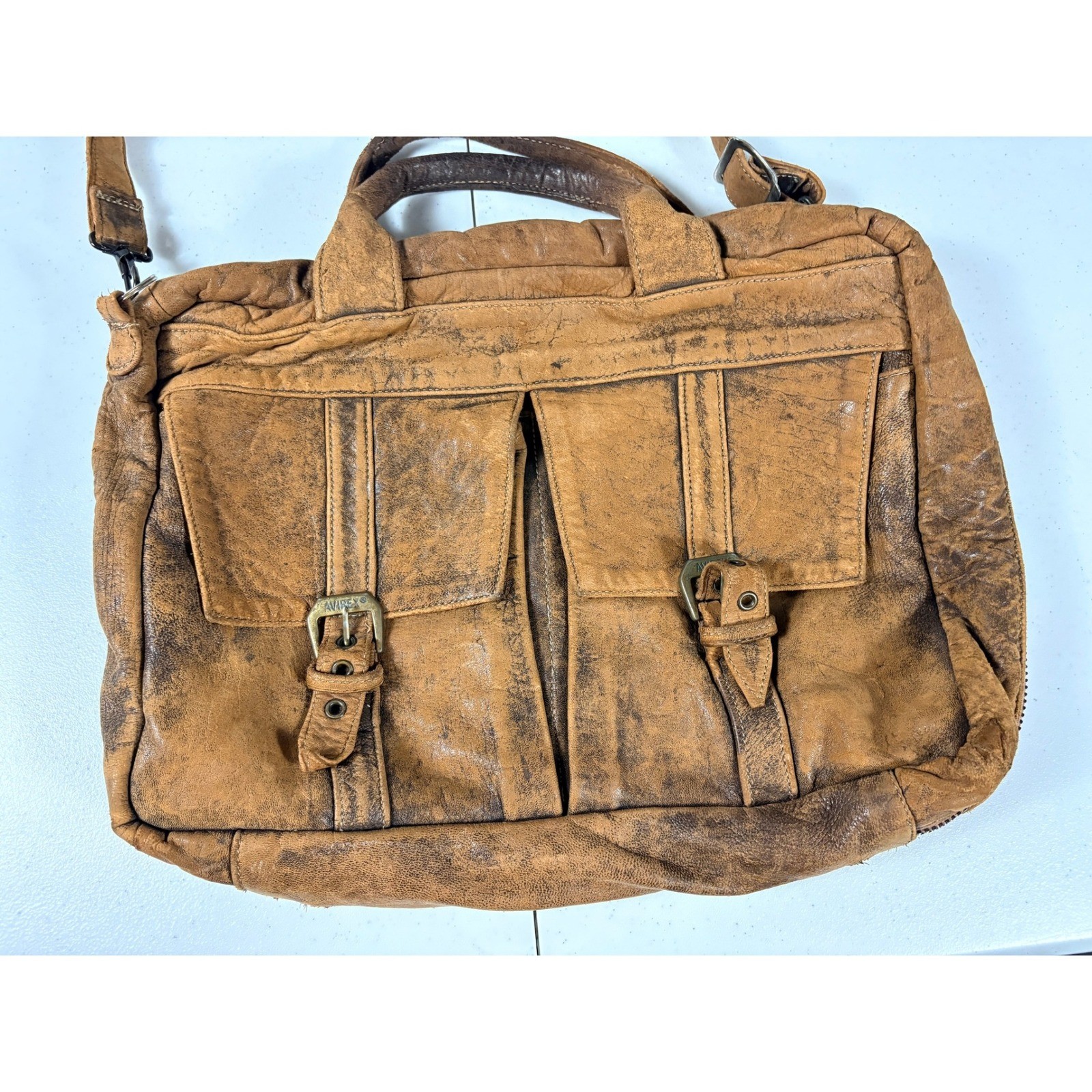 Avirex The Cockpit Brown Distressed Leather Messenger Bag Map Lining Vintage