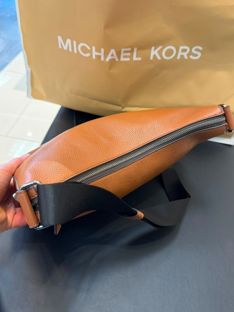 Michael Kors Cooper Pebbled Leather Soft Crescent Bag Luggage Men Crossbody