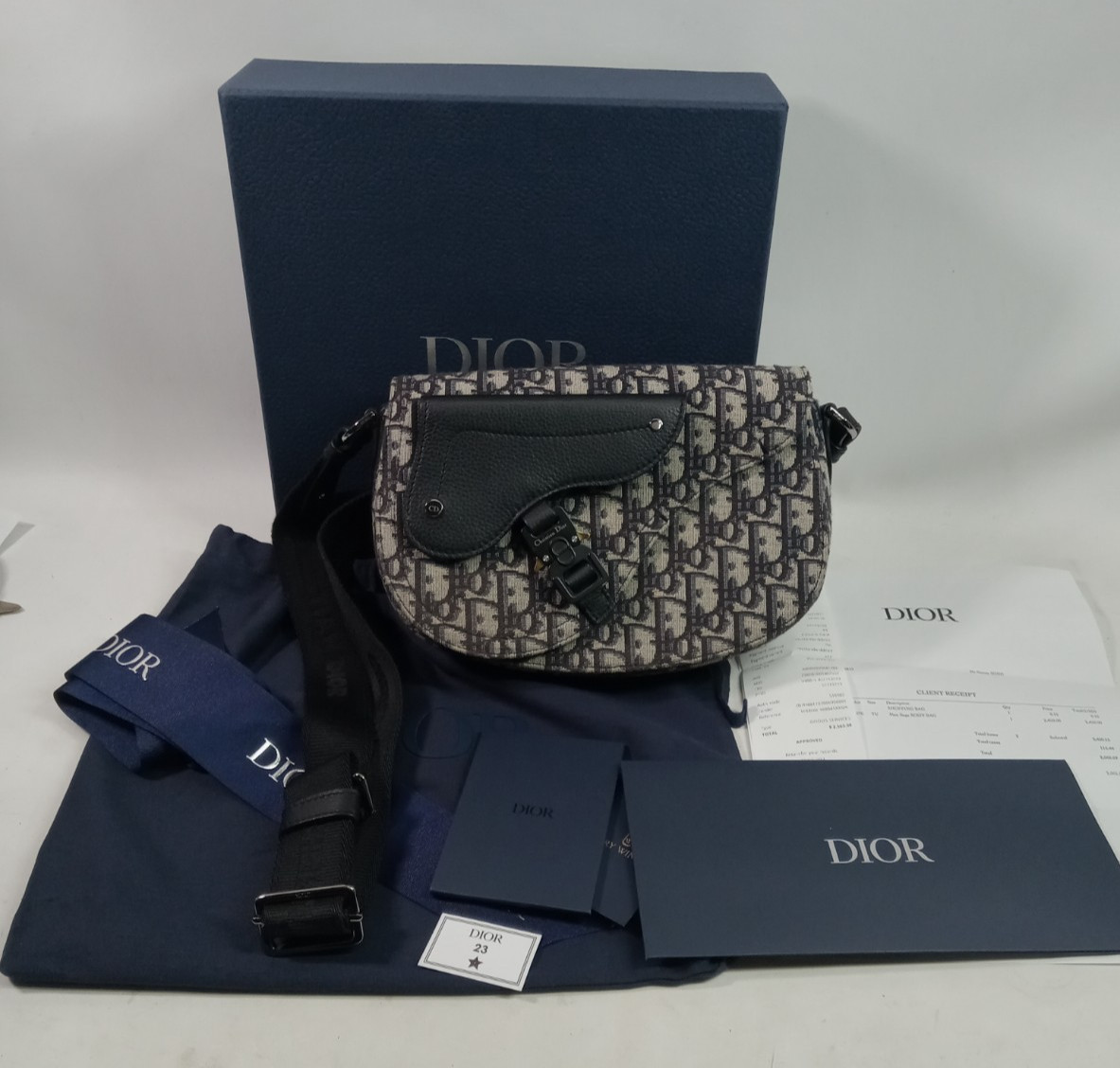 Christian Dior Mens Saddle Bag -Beige/ Black Dior Oblique Jacquard Shoulder Bag