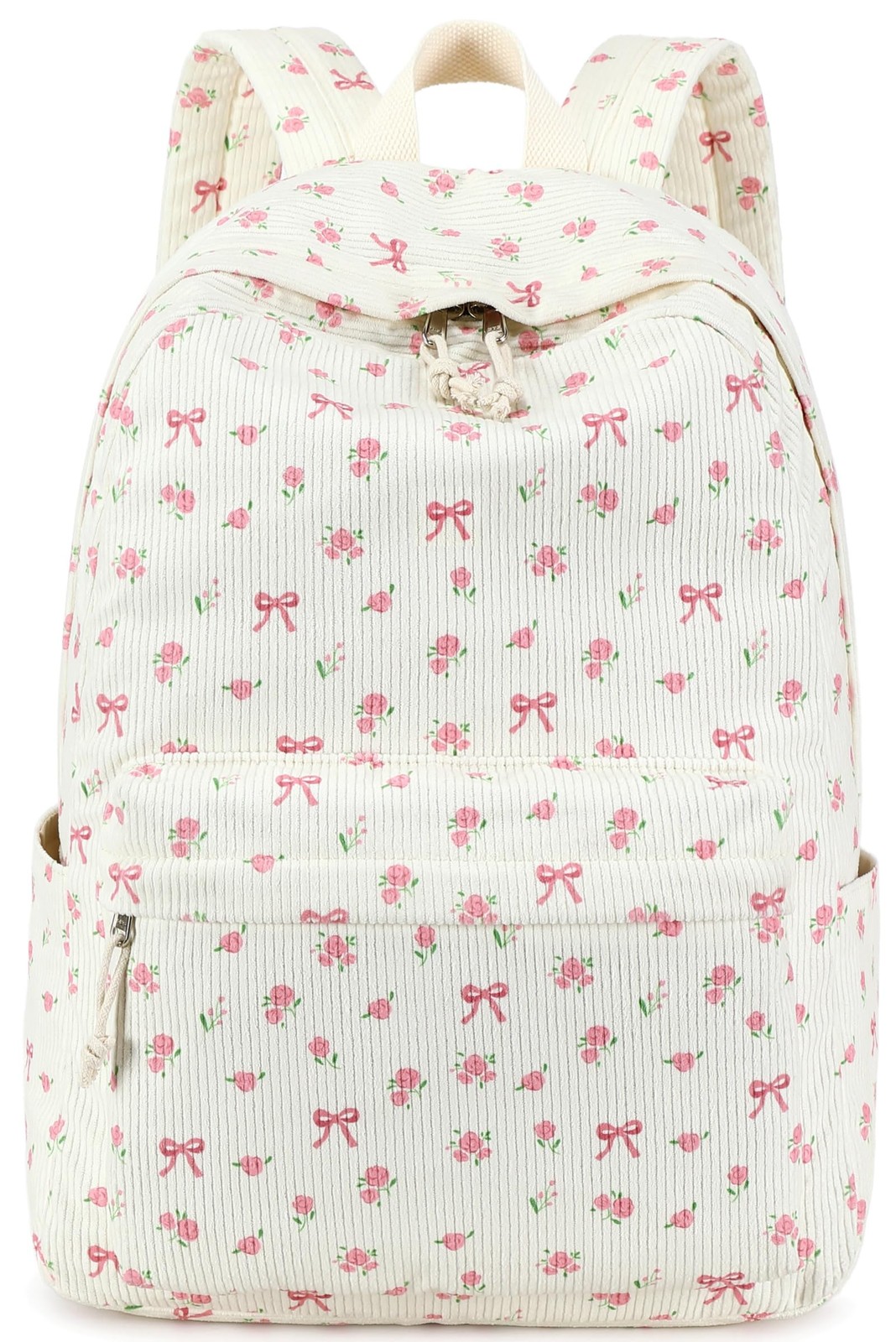 Pink Bow Floral Corduroy School Backpack 15.6 Inch Laptop Bag Women Teen Girl