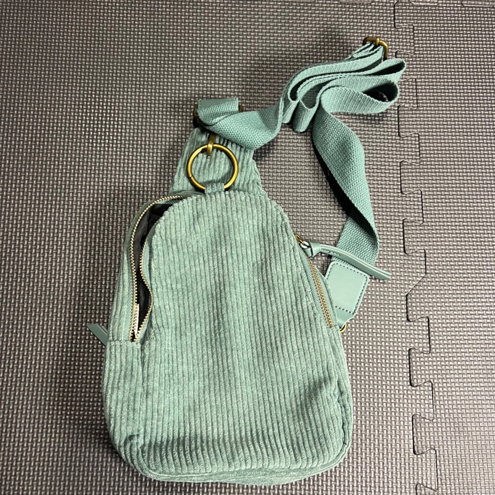 Corduroy Sling Backpack With Adjustable Strap & Gold Accents Mint Green Casual D