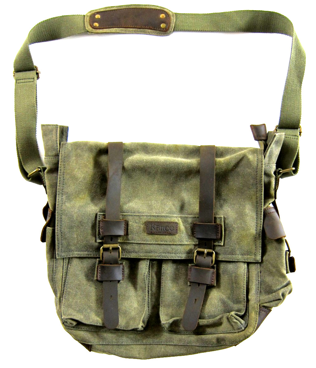 Kattee Canvas Leather Trim Zippered Camera Messenger Shoulder Bag Green Brown