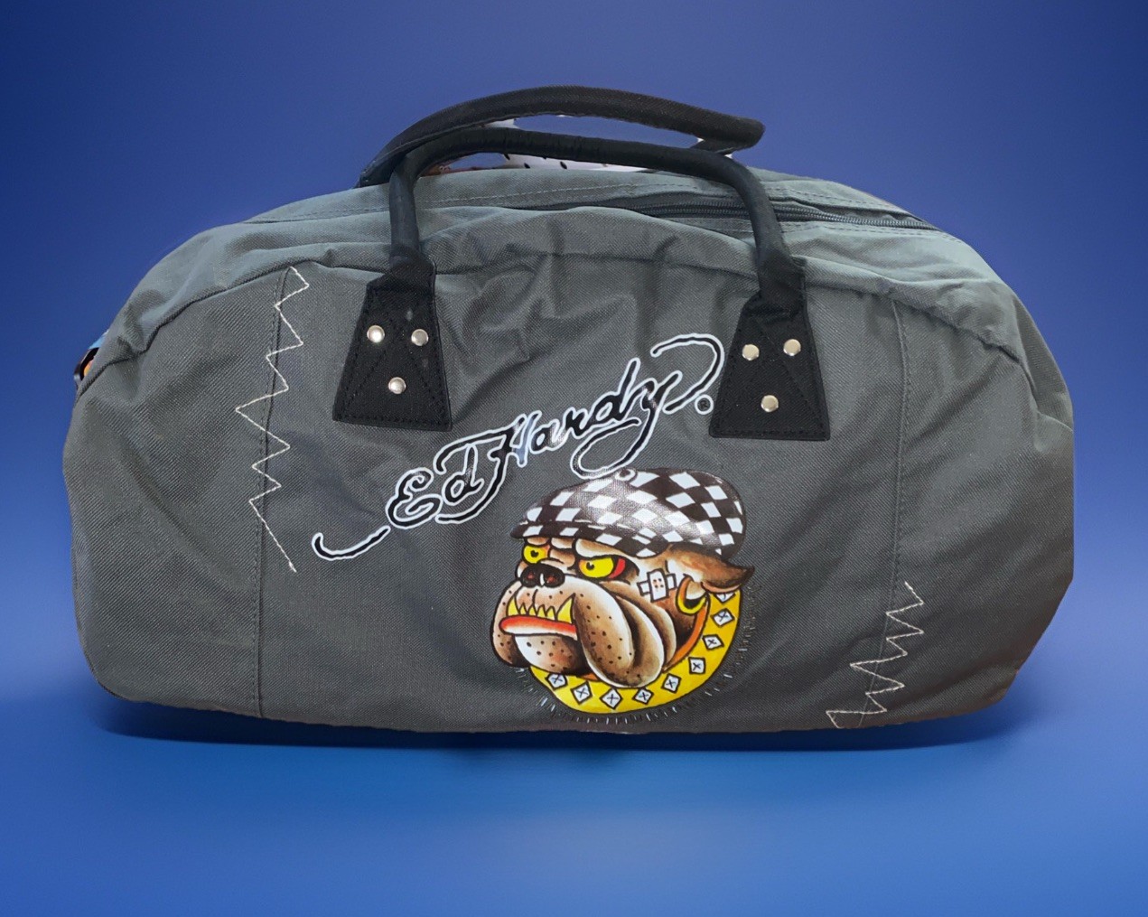 Ed Hardy Bull Dog Tatoo Image Logo Gray Duffle Bag Zip Top Long