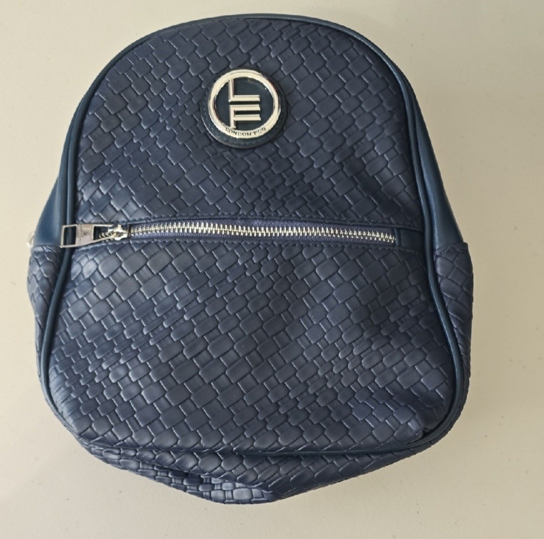 London Fog Navy Blue Textured Backpack $108 MSRP Silver Hardware