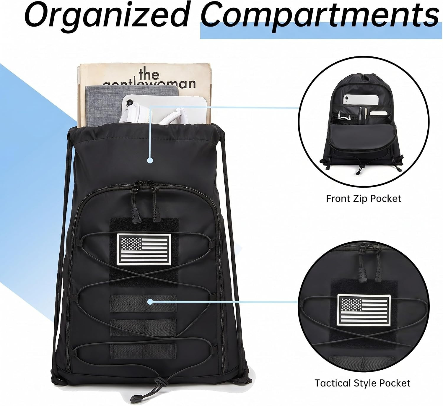 Seyfocnia Drawstring Backpack Tactical String Gym Bag with Zipper Pockets, Water