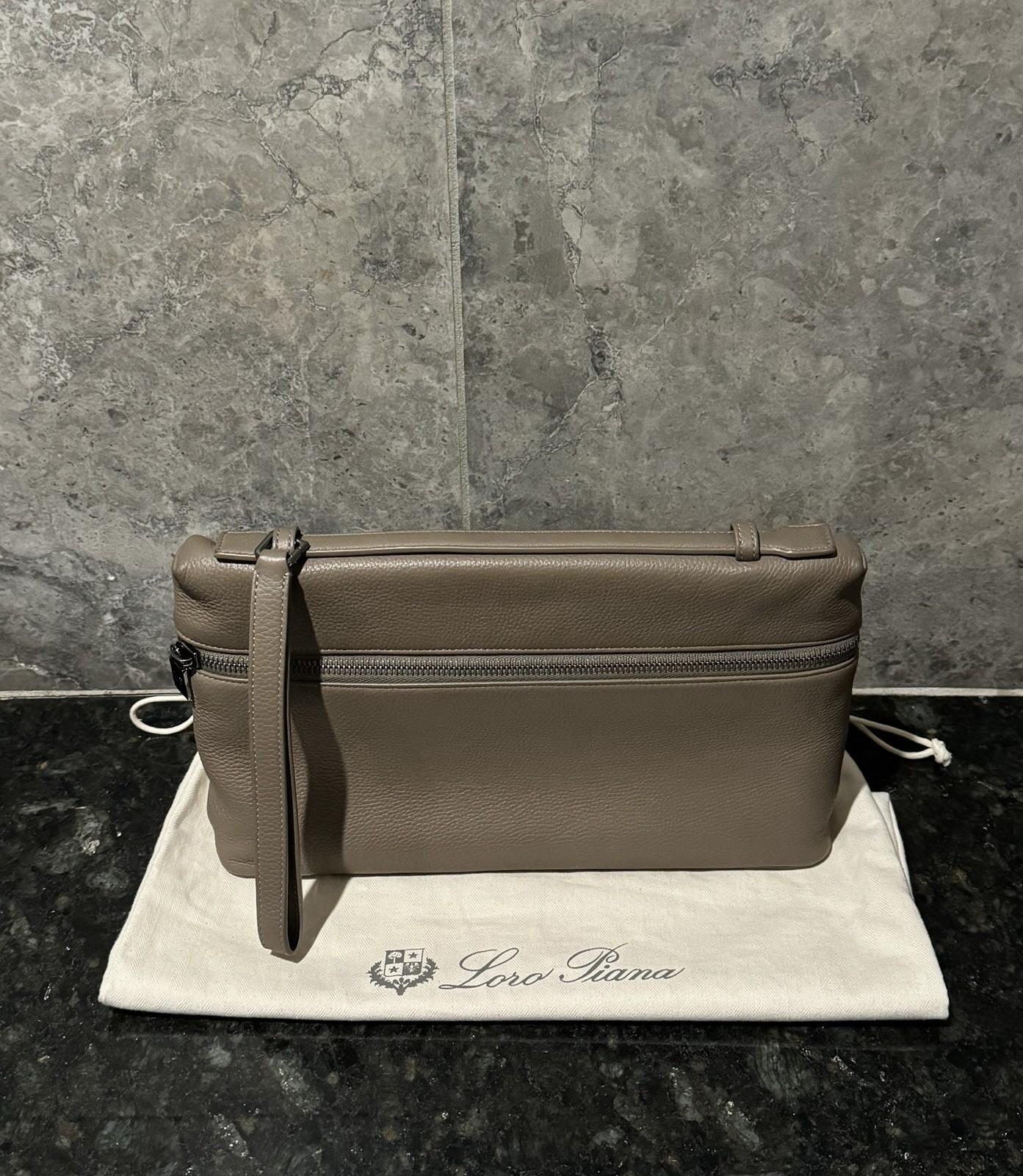 LORO PIANA ‘Extra Pouch L29’ Grained Calfskin Leather Bag Warm Mastic Onyx $2250