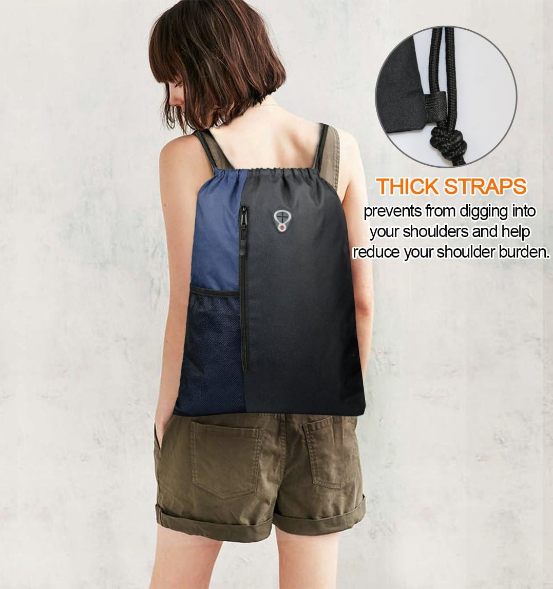 Drawstring Backpack Gym Bag with Pockets Water Bottle Mesh Black Navy
