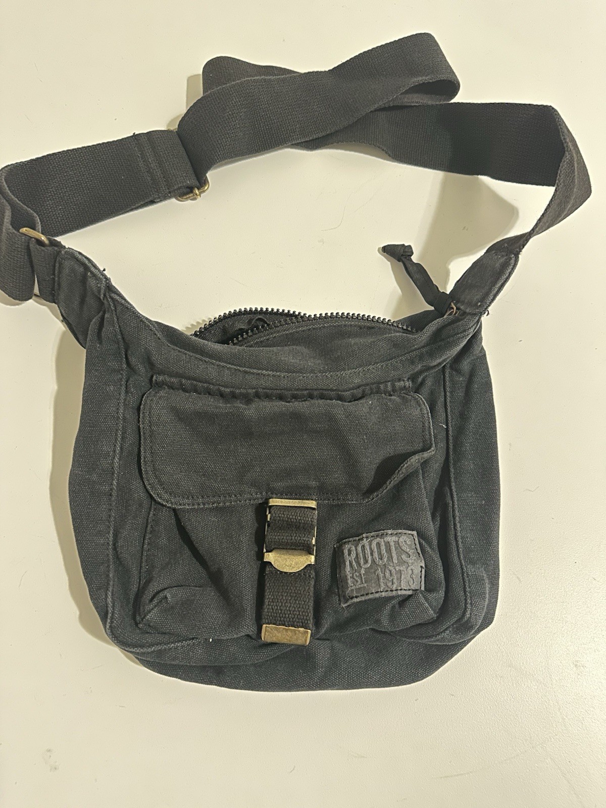 The Roots 1973 Canada Crossbody Pouch Bag Black Brown Canvas