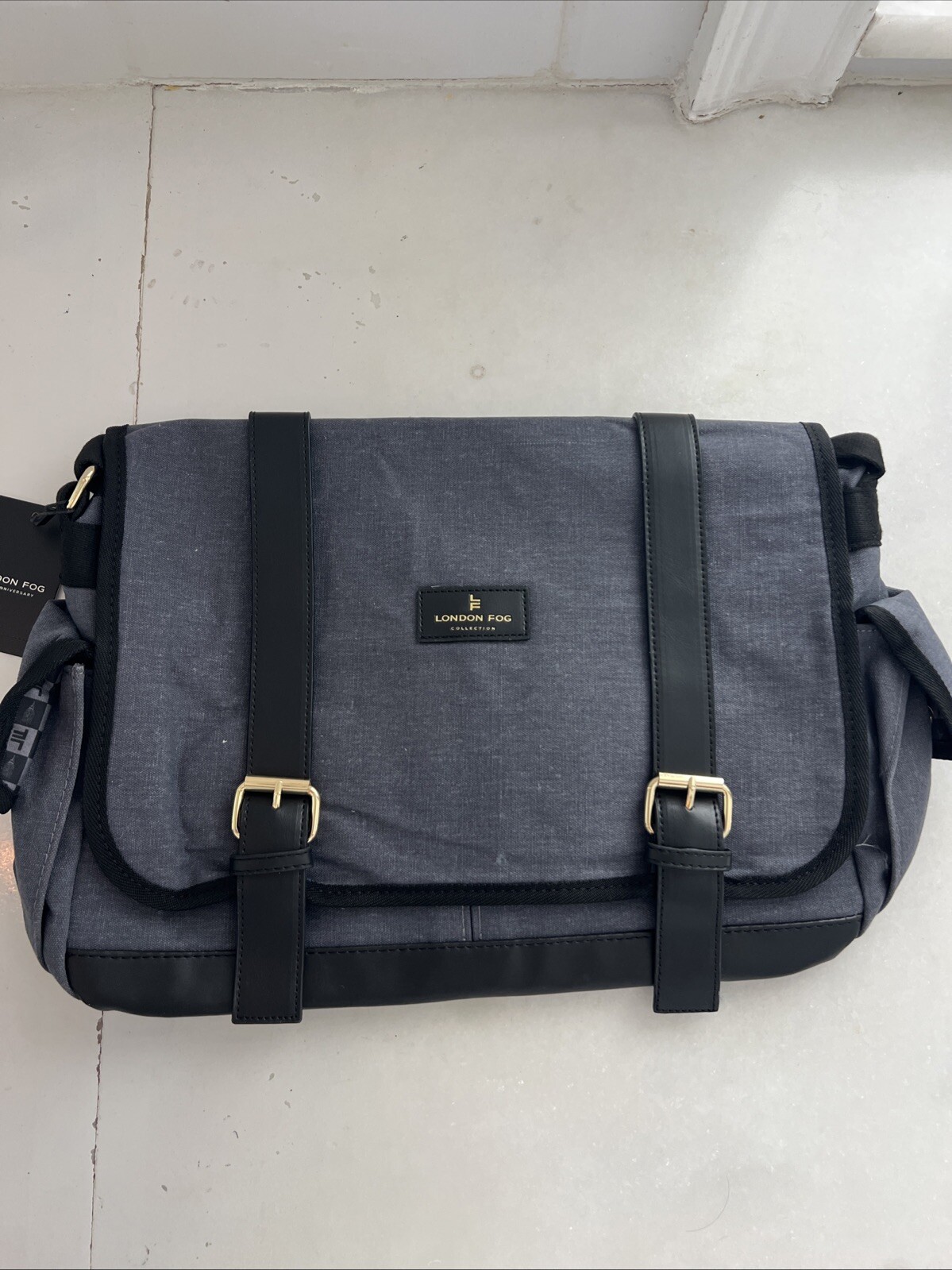 London Fog Collection Denim Canvas Messenger Bag, NEW, Dark Gray with Black Trim