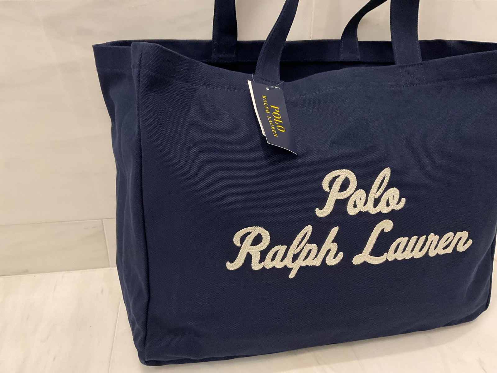 NWT Polo Ralph Lauren NAVY BLUE Cotton Chain Stitch Embroidered Canvas Tote Bag