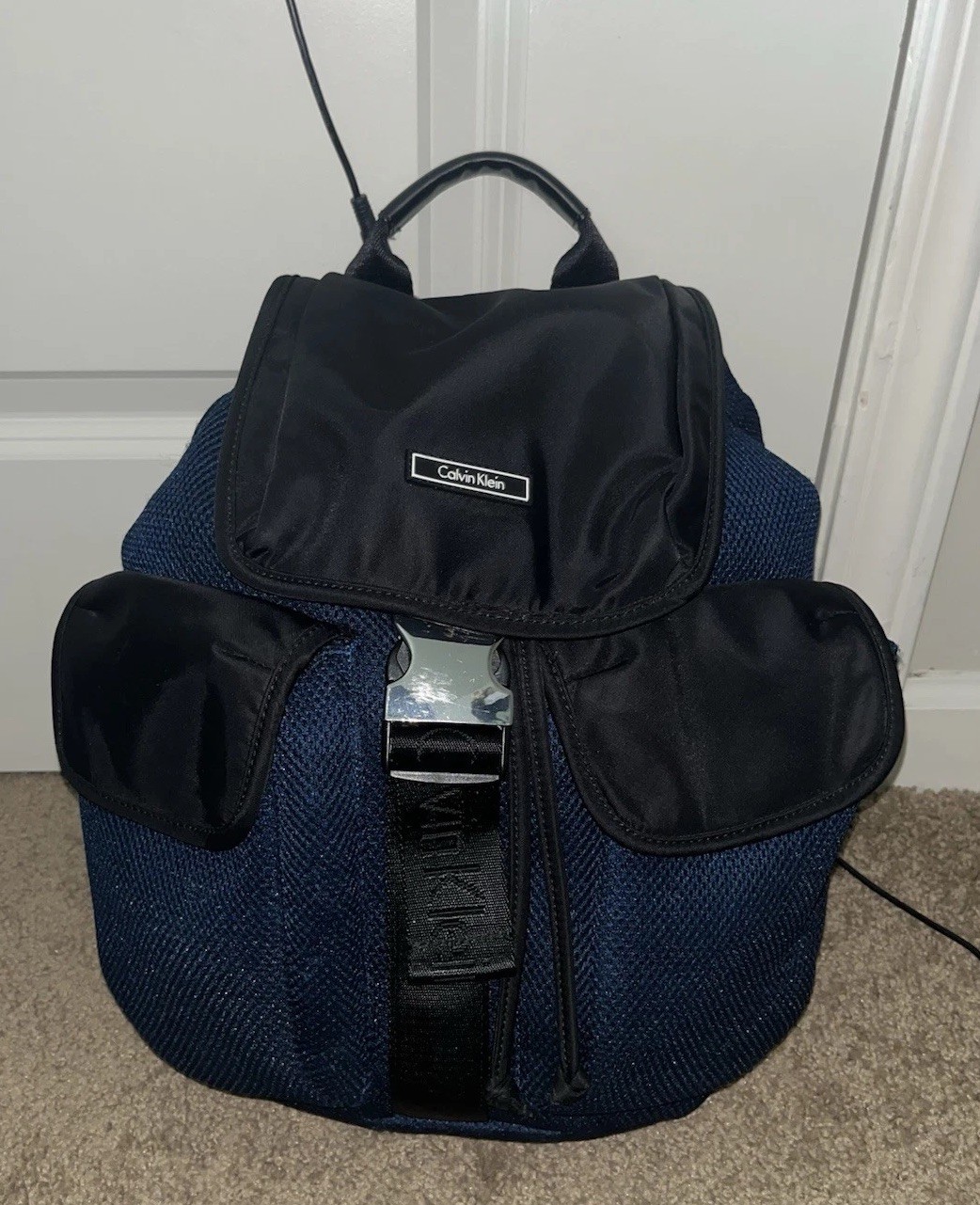 Calvin Klein Blue/Black Small Backpack Drawstring Buckle, Pockets, Lined