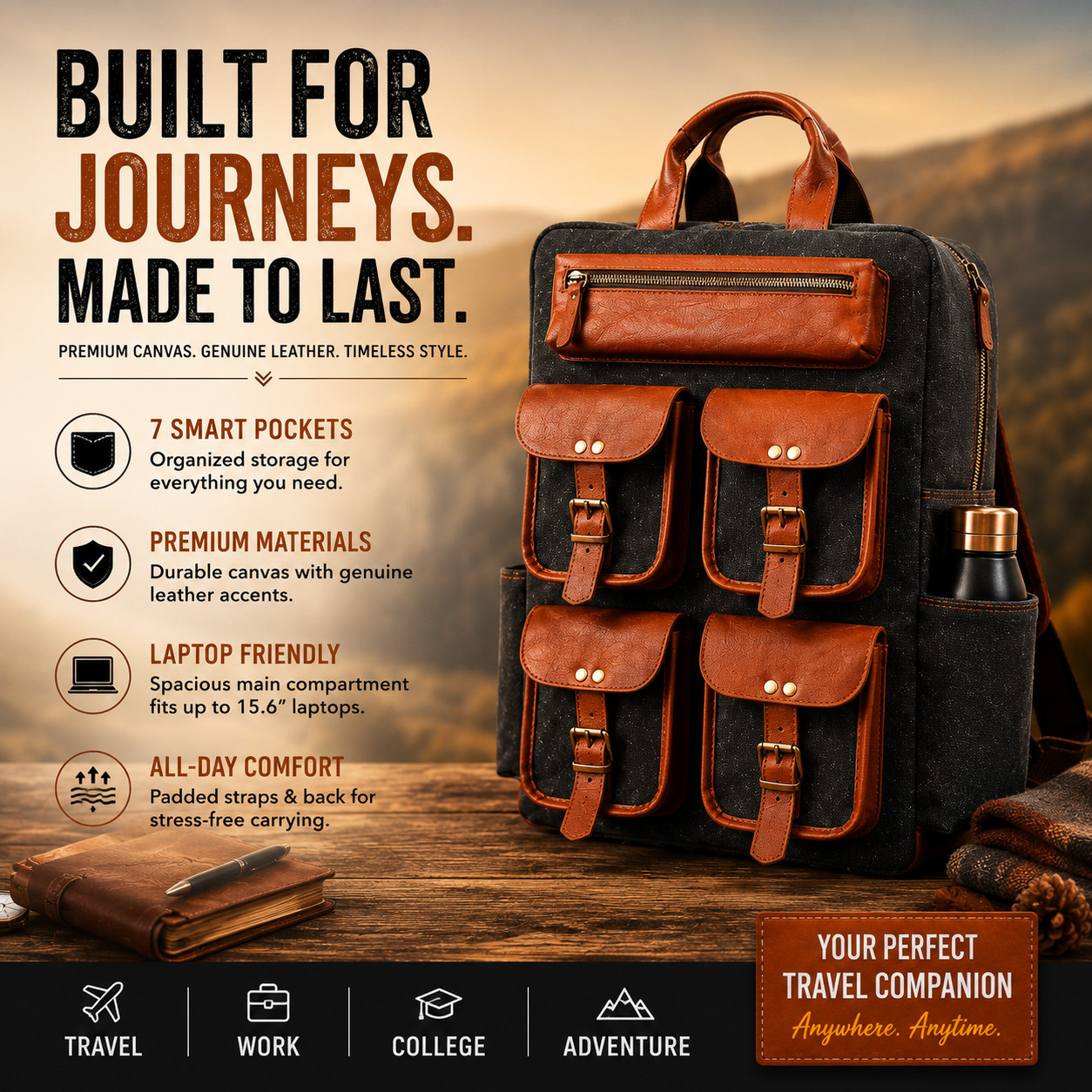 Durable Canvas & Leather Rucksack 18″ Multi-Pocket Travel Shoulder Backpack