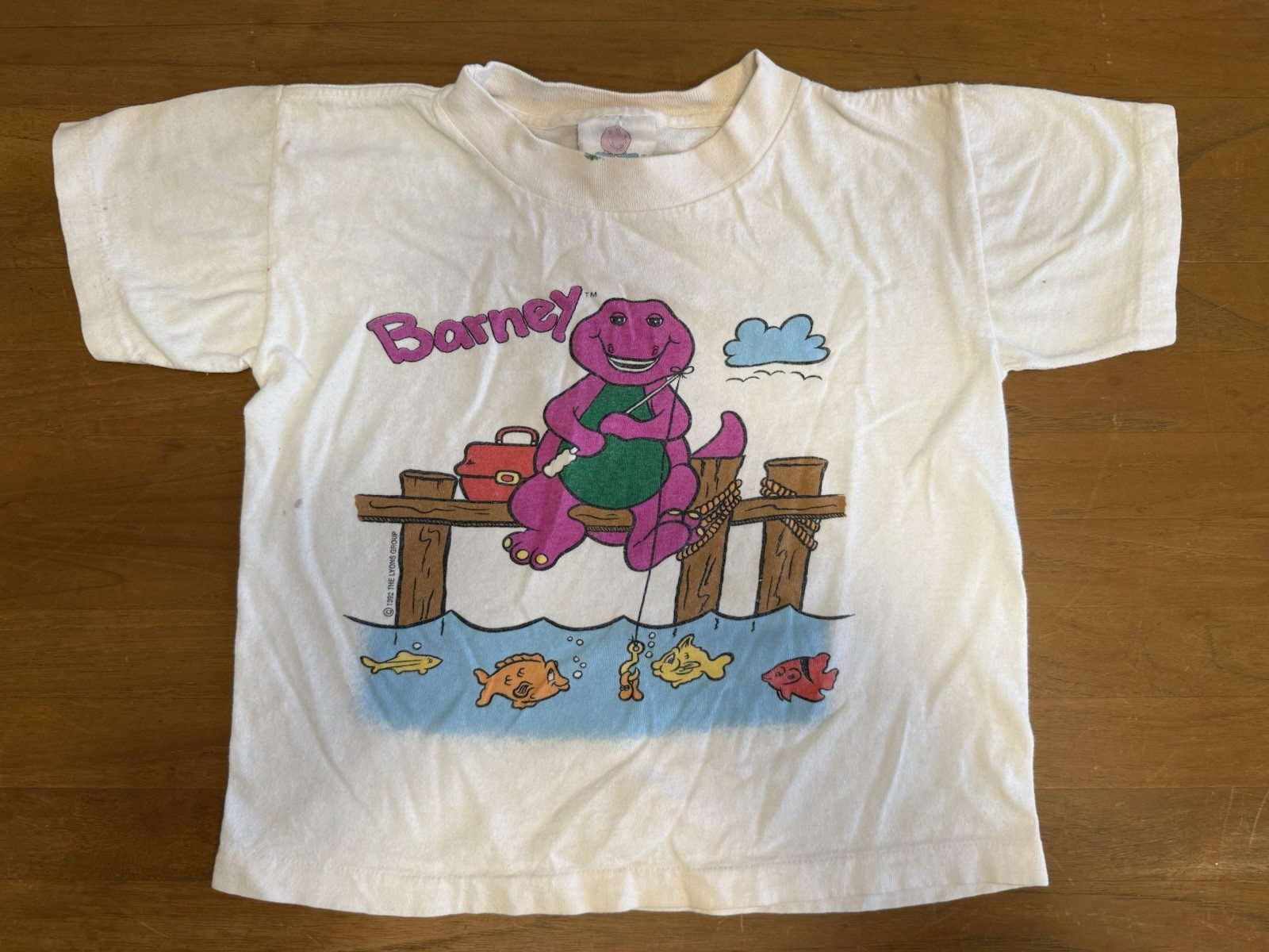 Barney Fishing Double Sided Single Stitch 1992 T-Shirt Kids Youth Size 5-6