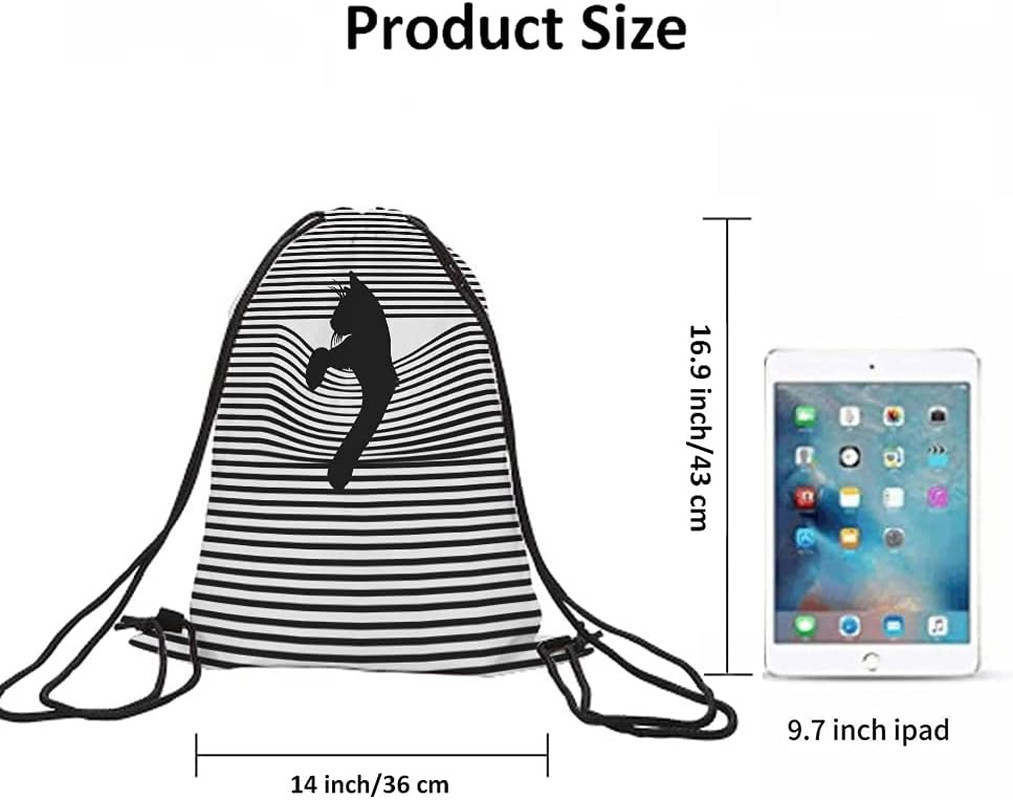 Black Cat Drawstring Bags Backpack Bag Animal Silhouette Black And White Stripes