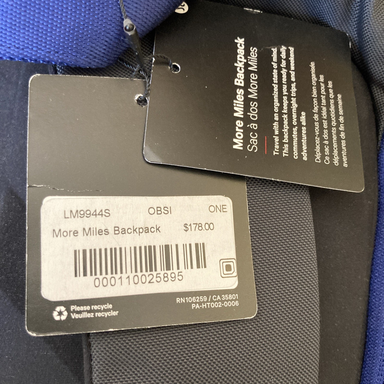 NWT Lululemon Mens More Miles Backpack 25.5L OBSI Black/Blue