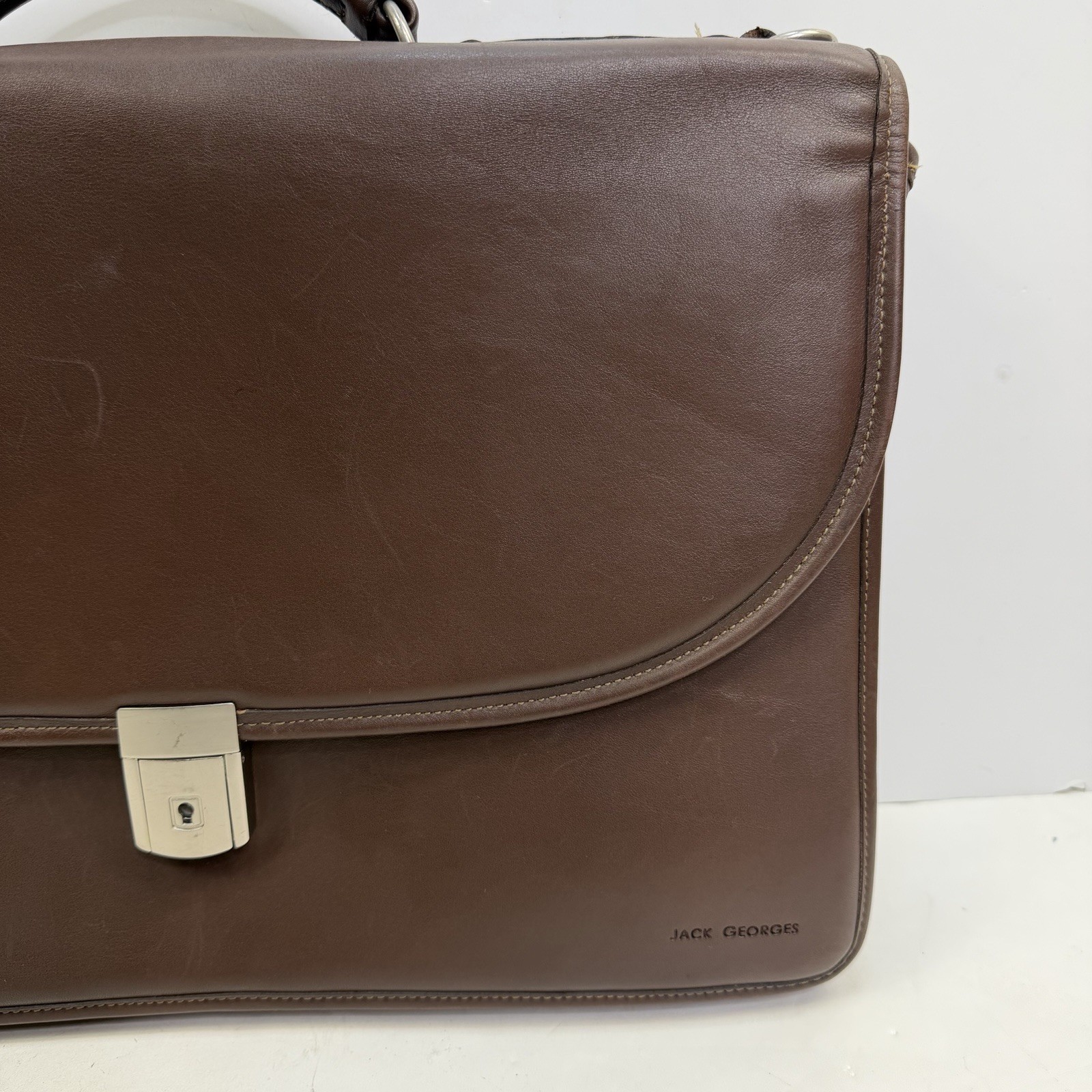Jack Georges Brown Leather Briefcase Messenger Flap Bag Lock w/ Keys – 16” – USA