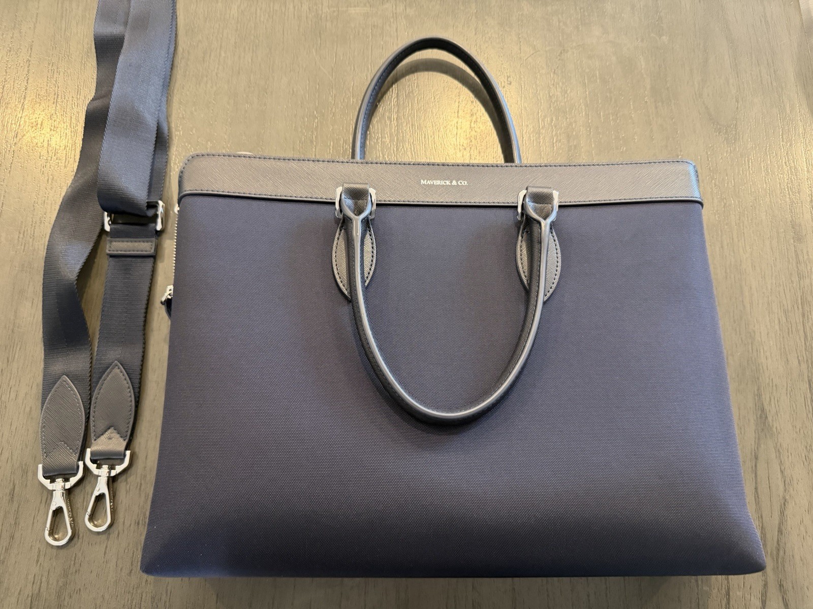Maverick & Co. Navy Blue Alpha Nylon Briefcase with Leather Trim