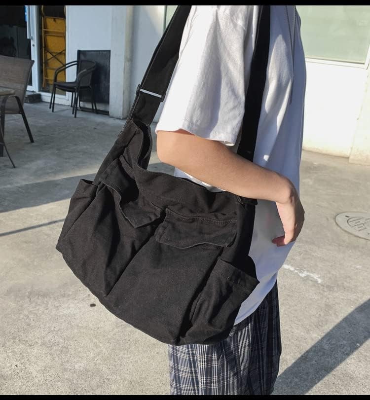 Large Canvas Messenger Bag Crossbody with Multiple Pockets & Adjustable Strap